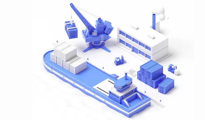 OrientDig isometric illustration of a container ship at a port with a crane, a forklift and a warehouse