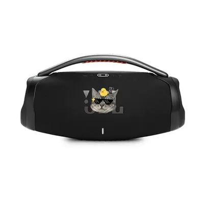 A black portable Bluetooth speaker with a carry handle photographed on white