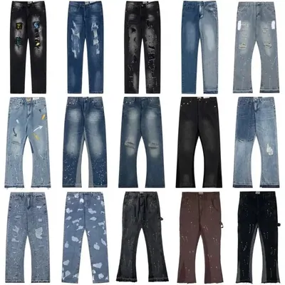 Fifteen pairs of jeans in different washes arranged in a five by three grid on white