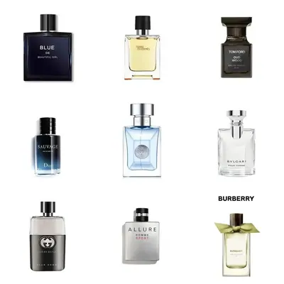 Nine fragrance bottles in different shapes and colours arranged in a three by three grid