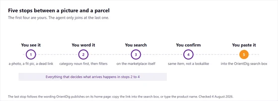 Five numbered stops labelled You see it, You word it, You search, You confirm and You paste it, with a note that stops two to four decide what arrives