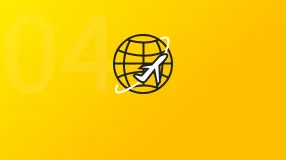 OrientDig step card numbered 04 showing a globe crossed by an aeroplane