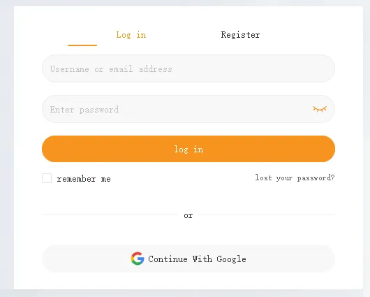 The OrientDig log in screen with log in and register tabs and a continue with Google button